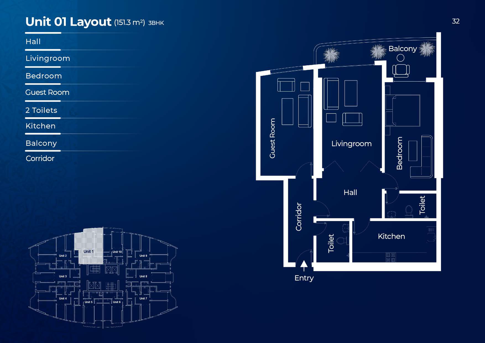 151.3 3BHK 7th Floor for sale